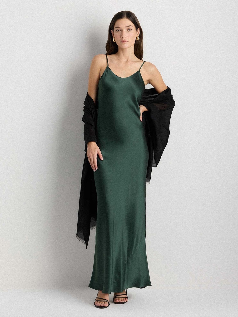 Emerald Green Satin Slip Dress - Elegant Maxi Spaghetti Strap